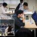 Un collage de imágenes que contiene 2 imágenes. La imagen 1 muestra a los estudiantes sentados para un examen en un salón de clases. La imagen 2 muestra los EXÁMENES SOCIALES DE EDUCACIÓN DE SKOREA.