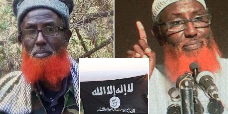 Un collage de imágenes que contiene 3 imágenes. La imagen 1 muestra a Abdul Qadir Mumin, un líder militante islamista, con una chaqueta de camuflaje y una barba roja. La imagen 2 muestra un retrato del clérigo nacido en Somalia Abdulqadir Mumin, acusado de encabezar el grupo Estado Islámico en África Oriental. La imagen 3 muestra a dos militantes con equipo militar sosteniendo una bandera negra con escritura árabe blanca.