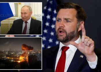 Un collage de imágenes que contiene 3 imágenes. La imagen 1 muestra: el vicepresidente estadounidense, JD Vance, habla con miembros de los medios de comunicación en Kiryat Gat. La imagen 2 muestra a Vladimir Putin hablando durante una entrevista, con una bandera rusa detrás de él. La imagen 3 muestra la destrucción en la ciudad de Kostyantynivka en la región de Donetsk.