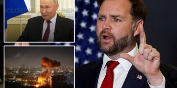 Un collage de imágenes que contiene 3 imágenes. La imagen 1 muestra: el vicepresidente estadounidense, JD Vance, habla con miembros de los medios de comunicación en Kiryat Gat. La imagen 2 muestra a Vladimir Putin hablando durante una entrevista, con una bandera rusa detrás de él. La imagen 3 muestra la destrucción en la ciudad de Kostyantynivka en la región de Donetsk.