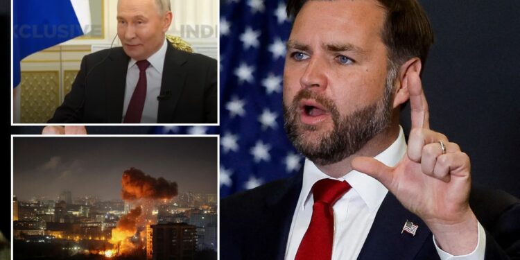 Un collage de imágenes que contiene 3 imágenes. La imagen 1 muestra: el vicepresidente estadounidense, JD Vance, habla con miembros de los medios de comunicación en Kiryat Gat. La imagen 2 muestra a Vladimir Putin hablando durante una entrevista, con una bandera rusa detrás de él. La imagen 3 muestra la destrucción en la ciudad de Kostyantynivka en la región de Donetsk.