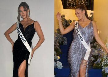 Un collage de imágenes que contiene 2 imágenes. La imagen 1 muestra a Miss Finlandia con un vestido negro y "Finlandia" fajín, la Imagen 2 muestra a Sarah Dzafce, Miss Finlandia, en una escalera azul con flores azules, luciendo un vestido con flecos brillantes y un fajín.