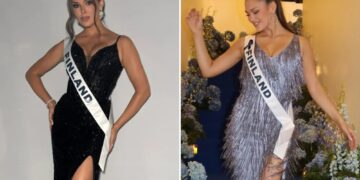 Un collage de imágenes que contiene 2 imágenes. La imagen 1 muestra a Miss Finlandia con un vestido negro y "Finlandia" fajín, la Imagen 2 muestra a Sarah Dzafce, Miss Finlandia, en una escalera azul con flores azules, luciendo un vestido con flecos brillantes y un fajín.