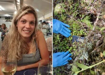 Un collage de imágenes que contiene 2 imágenes. La imagen 1 muestra a Celine Cremer, una mochilera desaparecida, sonríe en una mesa de un restaurante. La imagen 2 muestra una mano enguantada apuntando a un teléfono encontrado entre musgo y follaje.