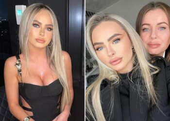 Un collage de imágenes que contiene 2 imágenes. La imagen 1 muestra a Mia O'Brien, una joven británica, con un vestido negro, sentada en una silla. La imagen 2 muestra una foto de una madre y su hija.