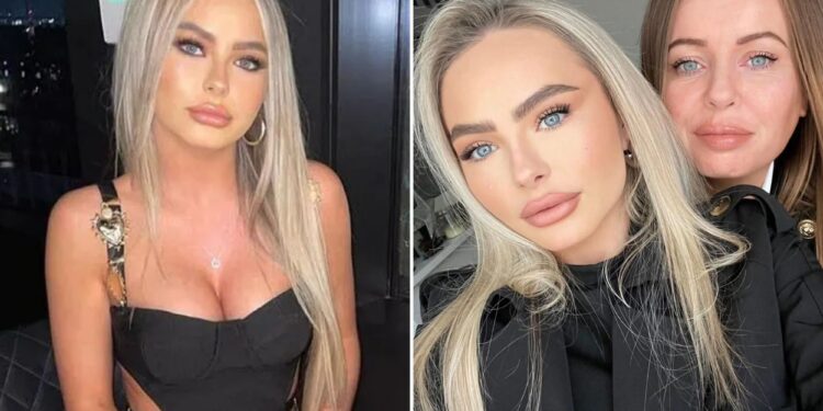 Un collage de imágenes que contiene 2 imágenes. La imagen 1 muestra a Mia O'Brien, una joven británica, con un vestido negro, sentada en una silla. La imagen 2 muestra una foto de una madre y su hija.