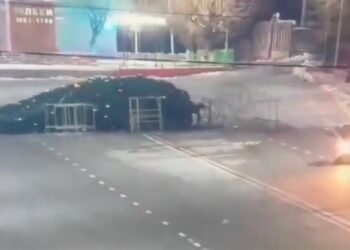 Extraño momento: un conductor aplasta y derriba un árbol de Navidad de 40 pies en la plaza principal de la ciudad en un loco paseo en un motor averiado