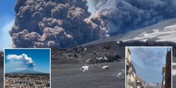 Imágenes asombrosas muestran al Monte Etna arrojando lava caliente fundida mientras se establece una alerta amarilla con folletos advirtiendo sobre el caos en los viajes.