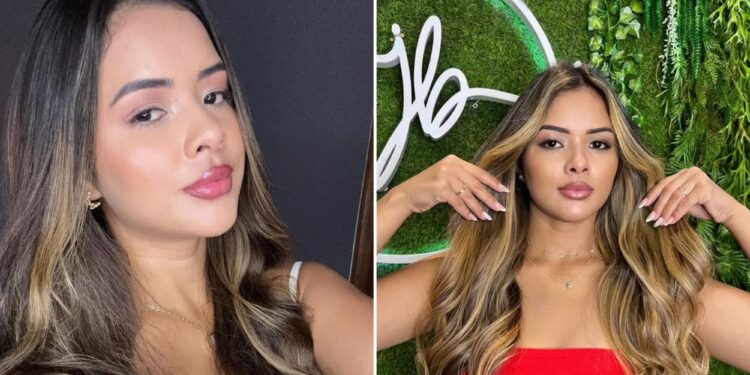 Un collage de imágenes que contiene 2 imágenes. La imagen 1 muestra a Maria Katiane Gomes da Silva, la bloguera de estilo de vida que murió después de que supuestamente su esposo la arrojó desde un balcón del décimo piso. La imagen 2 muestra a Maria Katiane Gomes da Silva con cabello largo, rubio y castaño ondulado y una blusa roja, posando frente a un fondo de hojas verdes con una blusa blanca. "jb" logo