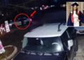 Un collage de imágenes que contiene 2 imágenes. La imagen 1 muestra imágenes de vigilancia nocturna que muestran a Camila Olmos subiéndose a un auto blanco. La imagen 2 muestra a un graduado sonriente con una toga y birrete azul con un vestido rojo. "Honor" robó