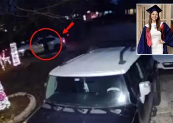 Un collage de imágenes que contiene 2 imágenes. La imagen 1 muestra imágenes de vigilancia nocturna que muestran a Camila Olmos subiéndose a un auto blanco. La imagen 2 muestra a un graduado sonriente con una toga y birrete azul con un vestido rojo. "Honor" robó