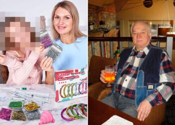 Un collage de imágenes que contiene 2 imágenes. La imagen 1 muestra a la esposa y la hija del buscado 'envenenador' de Salisbury y agente de inteligencia militar del GRU, Alexander Mishkin, acusado del intento de asesinato del ex espía Sergei Skripal, y su hija Yulia con el agente nervioso Novichok han protagonizado anuncios. La imagen 2 muestra al ex espía Sergei Skripal, que trabajó como agente doble para el MI6.