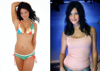 Un collage de imágenes que contiene 2 imágenes. La imagen 1 muestra la sesión de fotos de Sofia Hellqvist. La imagen 2 muestra a Sofia Hellqvist en 'Paradie Hotel', marzo de 2005.