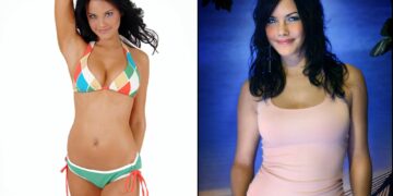 Un collage de imágenes que contiene 2 imágenes. La imagen 1 muestra la sesión de fotos de Sofia Hellqvist. La imagen 2 muestra a Sofia Hellqvist en 'Paradie Hotel', marzo de 2005.