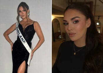 Un collage de imágenes que contiene 2 imágenes. La imagen 1 muestra a Miss Finlandia despojada de la corona por una imagen