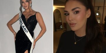 Un collage de imágenes que contiene 2 imágenes. La imagen 1 muestra a Miss Finlandia despojada de la corona por una imagen