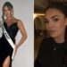 Un collage de imágenes que contiene 2 imágenes. La imagen 1 muestra a Miss Finlandia despojada de la corona por una imagen