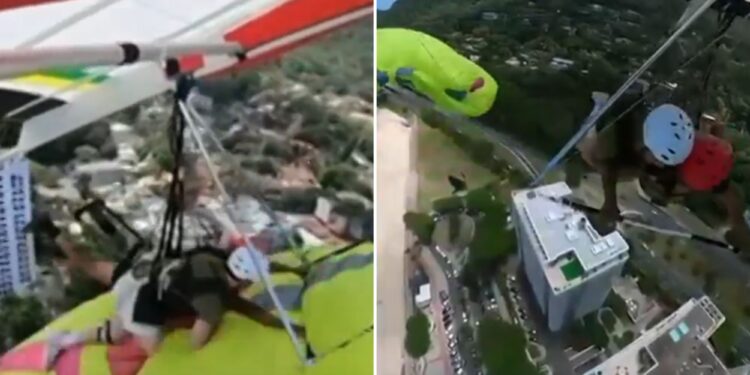 Momento en que un ala delta se estrella contra un parapente en un horroroso choque en el aire antes de que el piloto caiga y muera