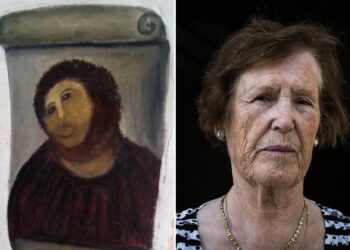 Un collage de imágenes que contiene 2 imágenes, la imagen 1 muestra ARCHIVOS-ESPAÑA-ARTE-OFFBEAT, la imagen 2 muestra a Cecilia Jiménez honrada con el Premio Cecilia