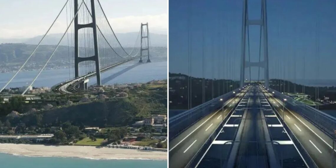 Un collage de imágenes que contiene 2 imágenes, la Imagen 1 muestra una vista aérea del puente del Estrecho de Messina, la Imagen 2 muestra una vista nocturna del puente del Estrecho de Messina
