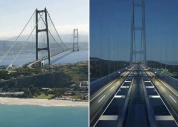 Un collage de imágenes que contiene 2 imágenes, la Imagen 1 muestra una vista aérea del puente del Estrecho de Messina, la Imagen 2 muestra una vista nocturna del puente del Estrecho de Messina