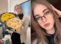 Un collage de imágenes que contiene 2 imágenes. La imagen 1 muestra a Afina Simeonidis sosteniendo dos ramos de flores. La imagen 2 muestra a Afina Simeonidis, una profesora de inglés acusada de agresión sexual infantil.