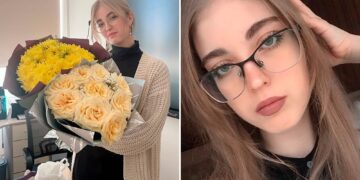 Un collage de imágenes que contiene 2 imágenes. La imagen 1 muestra a Afina Simeonidis sosteniendo dos ramos de flores. La imagen 2 muestra a Afina Simeonidis, una profesora de inglés acusada de agresión sexual infantil.