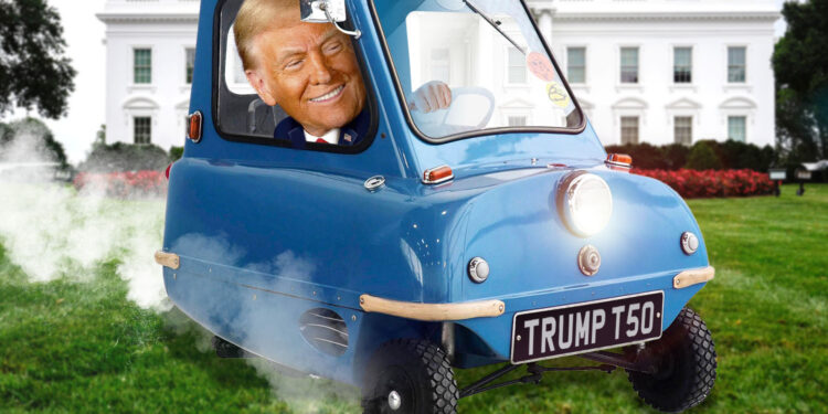 Ilustración de Donald Trump conduciendo un diminuto azul "TRIUNFO T50" coche lejos de la Casa Blanca.