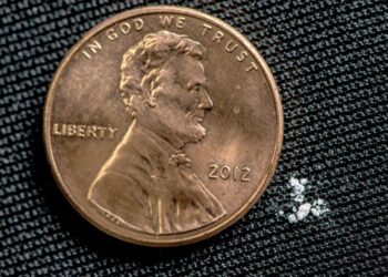 Una dosis letal de fentanilo (2 miligramos) se muestra junto a un centavo estadounidense. (Administración Antidrogas)