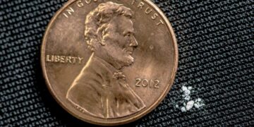 Una dosis letal de fentanilo (2 miligramos) se muestra junto a un centavo estadounidense. (Administración Antidrogas)