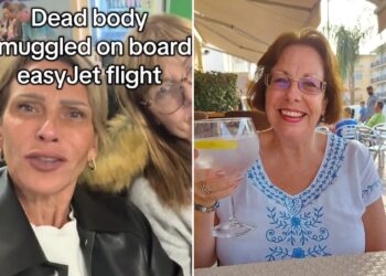 Un collage de imágenes que contiene 2 imágenes. La imagen 1 muestra a dos mujeres, una con una chaqueta de cuero negra y la otra con gafas, en un aeropuerto con el texto. "Cadáver introducido de contrabando a bordo de un vuelo de EasyJet" superpuesto, la imagen 2 muestra NINTCHDBPICT001046810098