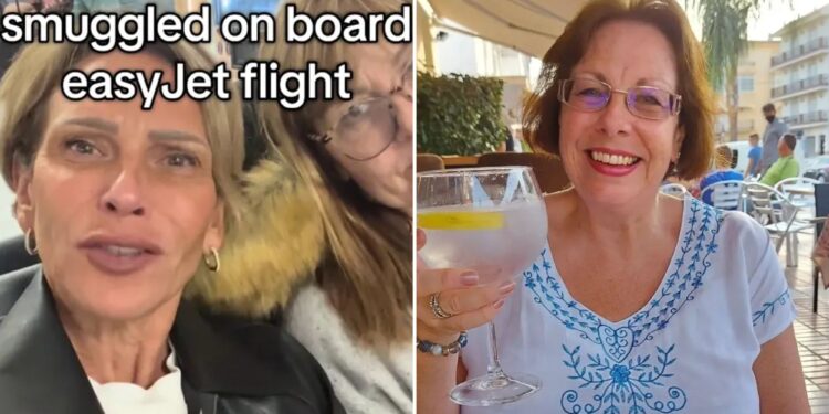 Un collage de imágenes que contiene 2 imágenes. La imagen 1 muestra a dos mujeres, una con una chaqueta de cuero negra y la otra con gafas, en un aeropuerto con el texto. "Cadáver introducido de contrabando a bordo de un vuelo de EasyJet" superpuesto, la imagen 2 muestra NINTCHDBPICT001046810098
