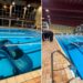 Un collage de imágenes que contiene 2 imágenes. La imagen 1 muestra un coche sumergido en una piscina municipal. La imagen 2 muestra un coche azul sumergido en una piscina con gente junto a la piscina.