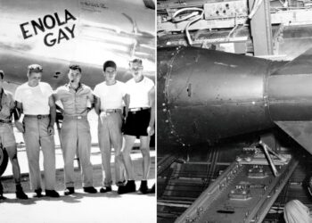 Un collage de imágenes que contiene 2 imágenes. La imagen 1 muestra una bomba atómica a subasta. La imagen 2 muestra una bomba atómica a subasta.