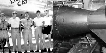 Un collage de imágenes que contiene 2 imágenes. La imagen 1 muestra una bomba atómica a subasta. La imagen 2 muestra una bomba atómica a subasta.