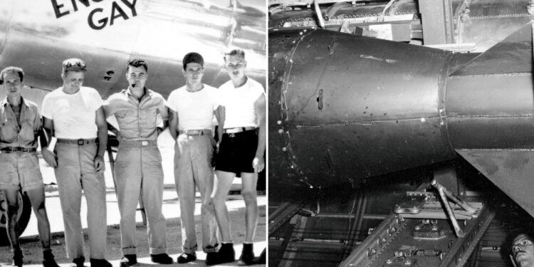 Un collage de imágenes que contiene 2 imágenes. La imagen 1 muestra una bomba atómica a subasta. La imagen 2 muestra una bomba atómica a subasta.