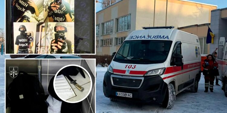 Un collage de imágenes que contiene 3 imágenes. La imagen 1 muestra la masacre de la escuela de Kiev. La imagen 2 muestra la masacre de la escuela de Kiev. La imagen 3 muestra la masacre de la escuela de Kiev.