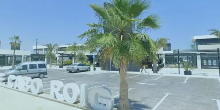 Un collage de imágenes que contiene 1 imágenes. La imagen 1 muestra Orihuela Costa, Alicante, España, con una zona comercial, palmeras, automóviles en un estacionamiento y letras blancas grandes. "CABO ROIG" en el suelo
