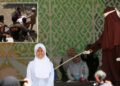 Un collage de imágenes que contiene 2 imágenes. La imagen 1 muestra el castigo con azotes en Aceh por violaciones de la ley Sharia. La imagen 2 muestra Banda Aceh, Aceh, Indonesia. 29 de enero de 2026. Un infractor de la Sharia recibe tratamiento médico después de ser azotado en Banda Aceh, Aceh, Indonesia, el jueves. Tres parejas no casadas fueron azotadas tras ser declaradas culpables de violar la ley Sharia de Aceh. Ellos