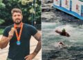 Un collage de imágenes que contiene 2 imágenes. La imagen 1 muestra NINTCHDBPICT001053033520. La imagen 2 muestra el misterio sobre el nadador y entrenador de natación profesional ruso Nikolai Svechnikov, de 29 años, mientras desaparece a mitad de carrera en la natación del Bósforo en Turquía; La imagen muestra a Svechnikov poco después del inicio de la natación.