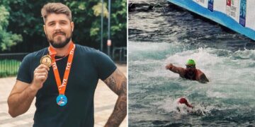 Un collage de imágenes que contiene 2 imágenes. La imagen 1 muestra NINTCHDBPICT001053033520. La imagen 2 muestra el misterio sobre el nadador y entrenador de natación profesional ruso Nikolai Svechnikov, de 29 años, mientras desaparece a mitad de carrera en la natación del Bósforo en Turquía; La imagen muestra a Svechnikov poco después del inicio de la natación.