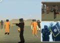 Un collage de imágenes que contiene 3 imágenes, la imagen 1 muestra una captura de pantalla de imágenes de juego de Roblox y Gorebox que muestra una figura vestida de negro sosteniendo un rifle, apuntando a figuras con monos naranjas con bolsas negras sobre sus cabezas, en un entorno desértico, la imagen 2 muestra una ilustración de imágenes de juego de Roblox y Gorebox que representan ataques y ejecuciones al estilo ISIS, la imagen 3 muestra un collage de imágenes que contiene 1 imagen, la imagen 1 muestra una fotografía de propaganda de militantes enmascarados de ISIS sosteniendo una pancarta negra de ISIS y armas de fuego