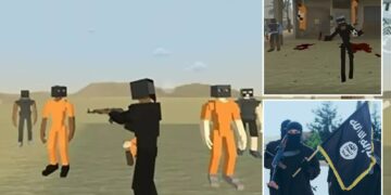 Un collage de imágenes que contiene 3 imágenes, la imagen 1 muestra una captura de pantalla de imágenes de juego de Roblox y Gorebox que muestra una figura vestida de negro sosteniendo un rifle, apuntando a figuras con monos naranjas con bolsas negras sobre sus cabezas, en un entorno desértico, la imagen 2 muestra una ilustración de imágenes de juego de Roblox y Gorebox que representan ataques y ejecuciones al estilo ISIS, la imagen 3 muestra un collage de imágenes que contiene 1 imagen, la imagen 1 muestra una fotografía de propaganda de militantes enmascarados de ISIS sosteniendo una pancarta negra de ISIS y armas de fuego