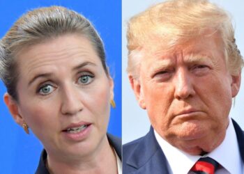 Esta combinación de imágenes creadas el 20 de agosto de 2019 muestra a la primera ministra de Dinamarca, Mette Frederiksen (izq.), en una conferencia de prensa conjunta el 11 de julio de 2019, en la Cancillería en Berlín, y al presidente estadounidense, Donald Trump, antes de abordar el Air Force One en Morristown, Nueva Jersey, el 18 de agosto de 2019. (Tobias Schwarz y Nicholas Kamm/AFP vía Getty Images)