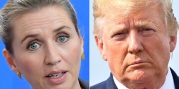 Esta combinación de imágenes creadas el 20 de agosto de 2019 muestra a la primera ministra de Dinamarca, Mette Frederiksen (izq.), en una conferencia de prensa conjunta el 11 de julio de 2019, en la Cancillería en Berlín, y al presidente estadounidense, Donald Trump, antes de abordar el Air Force One en Morristown, Nueva Jersey, el 18 de agosto de 2019. (Tobias Schwarz y Nicholas Kamm/AFP vía Getty Images)