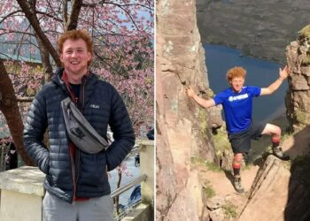 Un collage de imágenes que contiene 2 imágenes. La imagen 1 muestra a Fergus Cooper, un joven pelirrojo, sonríe a la cámara mientras está parado frente a un árbol de cerezo en flor. La imagen 2 muestra a Fergus Cooper parado entre dos paredes de roca con los brazos extendidos.