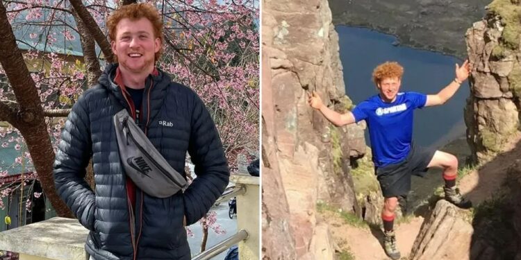 Un collage de imágenes que contiene 2 imágenes. La imagen 1 muestra a Fergus Cooper, un joven pelirrojo, sonríe a la cámara mientras está parado frente a un árbol de cerezo en flor. La imagen 2 muestra a Fergus Cooper parado entre dos paredes de roca con los brazos extendidos.