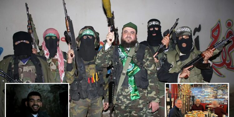 Un collage de imágenes que contiene 3 imágenes, la Imagen 1 muestra a Riyad Albustanji (desenmascarado) sostiene un juego de rol con combatientes de Hamas enmascarados, la Imagen 2 muestra a Raed Dawoud, también conocido como "Abu Falastin"sonriendo mientras está de pie en un túnel de Gaza, la imagen 3 muestra a Mohamed Hannoun, Amr Alshawa y un tercer individuo redactado cenando juntos.