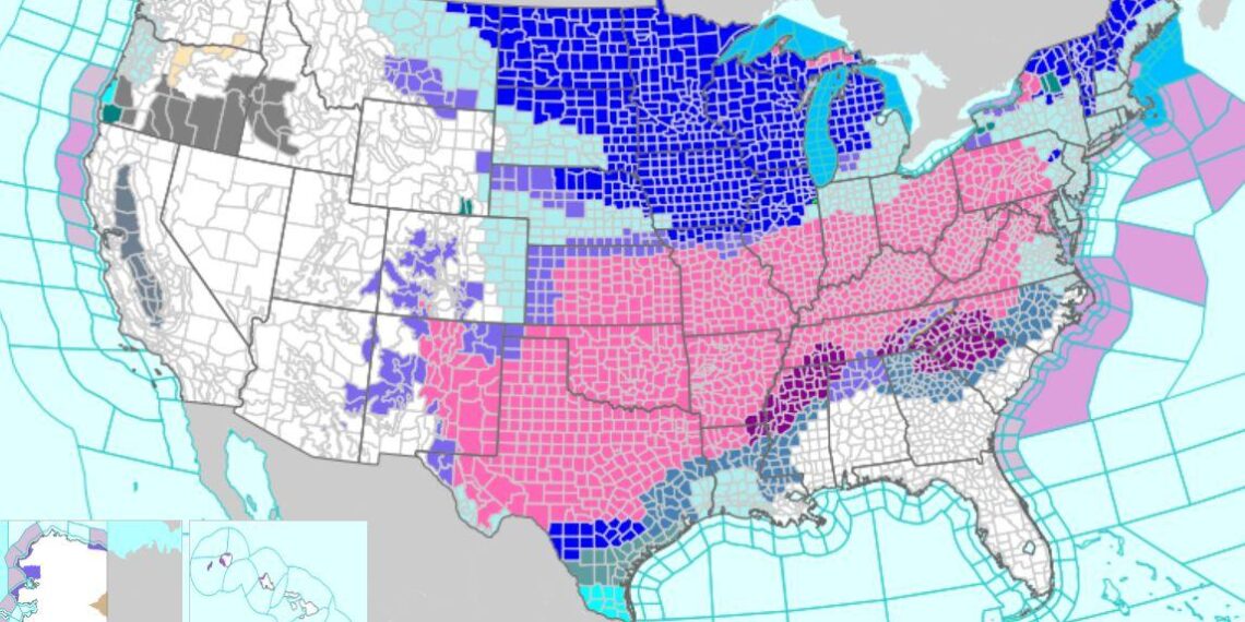 Un mapa publicado por el Servicio Meteorológico Nacional el 23 de enero de 2026 muestra avisos y advertencias de clima invernal que se extienden desde las llanuras del sur hasta el noreste y el sur debido a una tormenta invernal pendiente. (SMN)