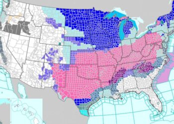 Un mapa publicado por el Servicio Meteorológico Nacional el 23 de enero de 2026 muestra avisos y advertencias de clima invernal que se extienden desde las llanuras del sur hasta el noreste y el sur debido a una tormenta invernal pendiente. (SMN)